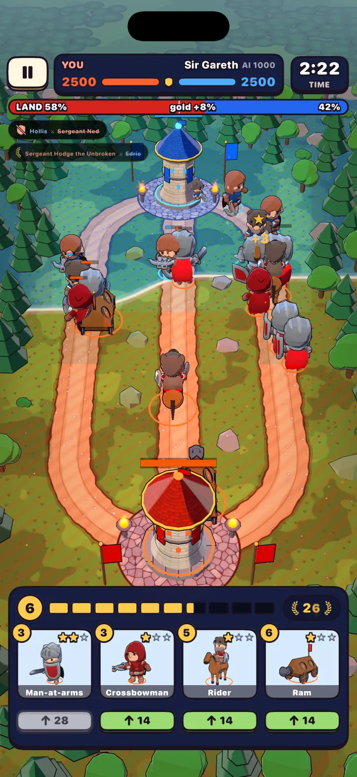 A Keepbreaker match: soldiers on three lanes between the red and the blue tower, with soldier cards below