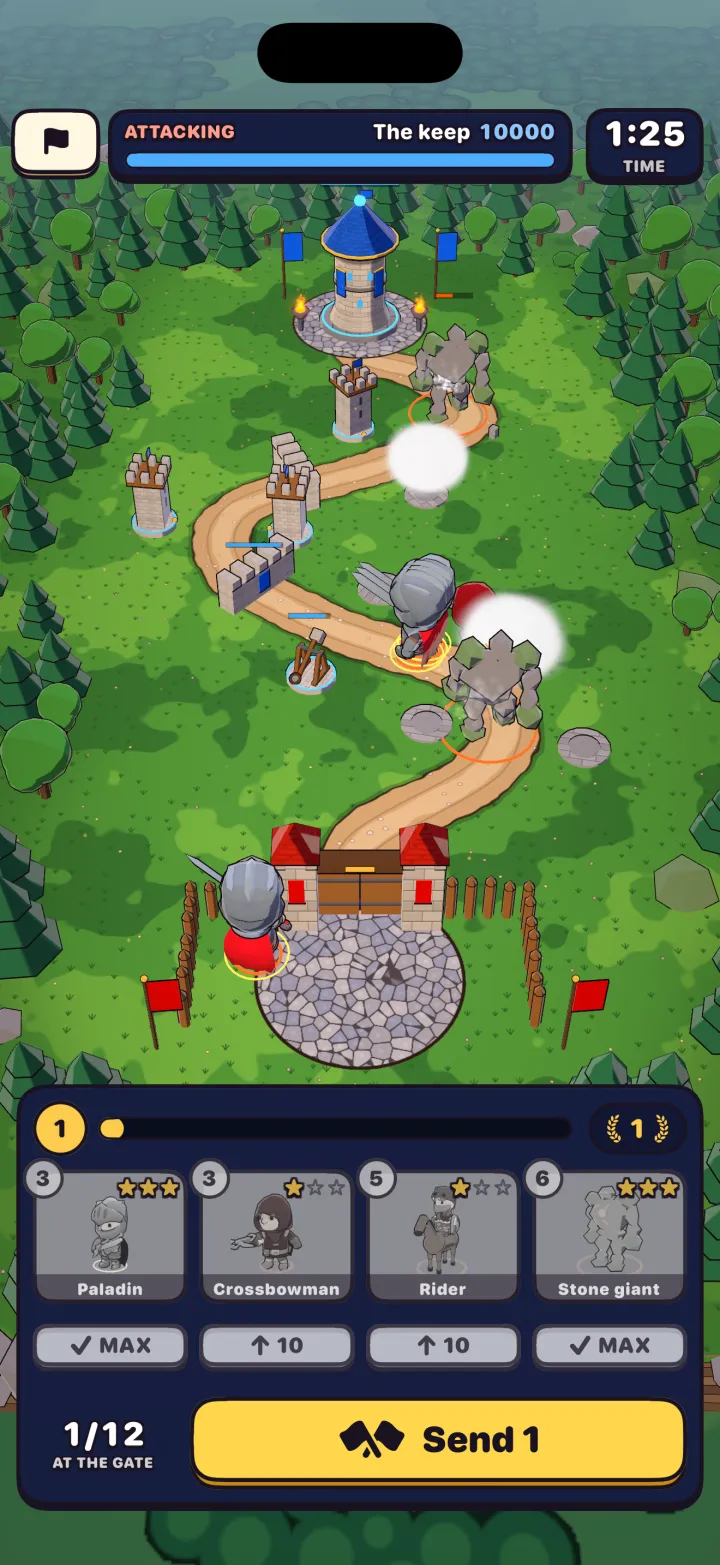 An attacker’s Keepwar match: stone giants and a paladin march up the winding road past arrow towers, a stone thrower and two walls toward the keep, with the soldier cards and the Send button below