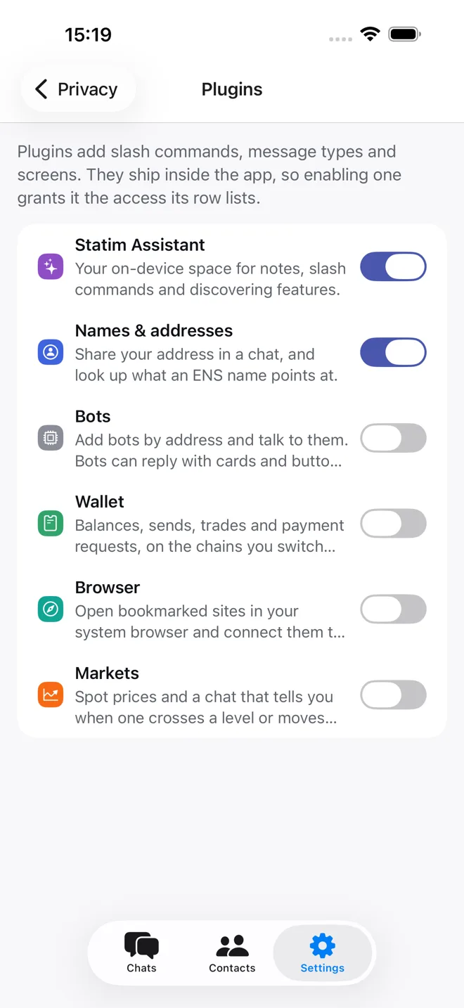Statim plugins screen: assistant, names, bots, wallet, browser and markets, each with its own switch