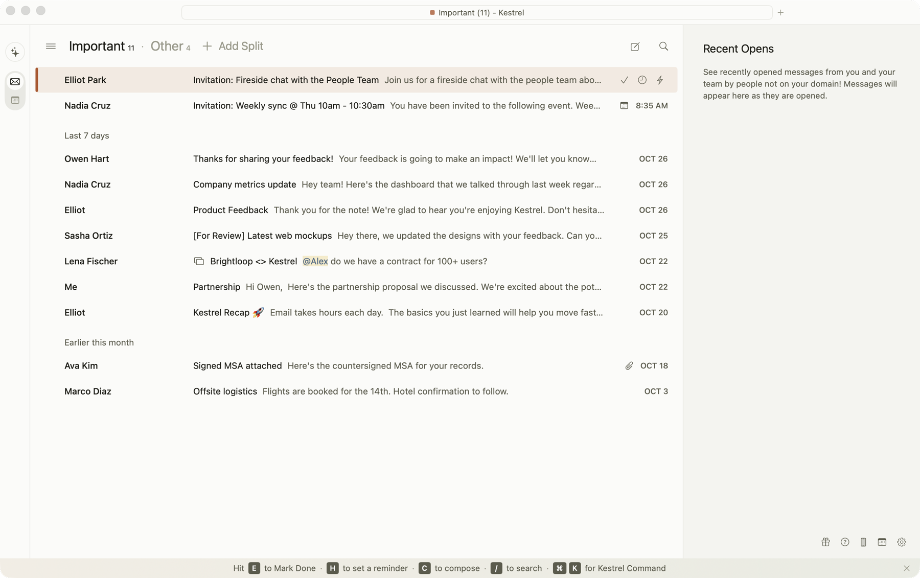 Kestrel’s inbox, split into Important and Other, with a hint bar listing the keys for done, remind, compose, search and Kestrel Command